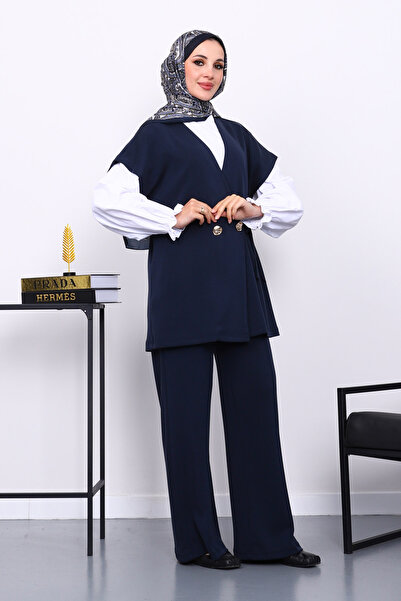 İmajButik Navy Blue Vest and Pants Cupra Modal Set