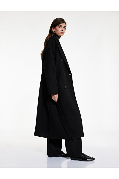 Koton Long Sleeve Pocketed Double-Breasted Belted Buttoned Long Cashmere Coat