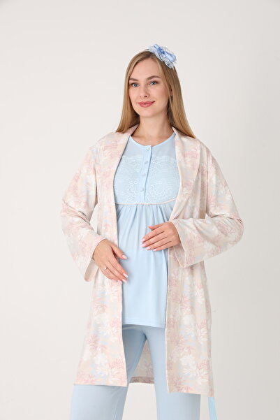 Pelin Women's Patterned Shawl Collar Special Design Winter Long Sleeve 3-Piece Maternity Pajama Set