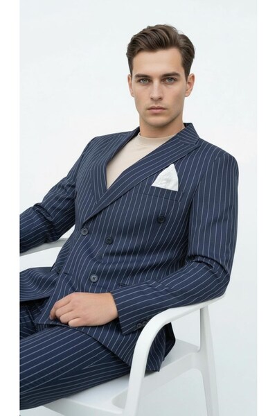 Plus Scorpion Navy Blue Striped Men's Double-Breasted Blazer Jacket – Italian Cut, Modern and Classic Elegance