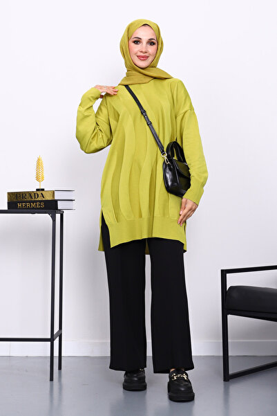 İmajButik Oil Green Crew Neck Cold Thread Knitwear Tunic