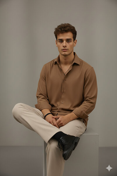 Bürke Sofya Linen Light Brown Half Oversized Men's Shirt
