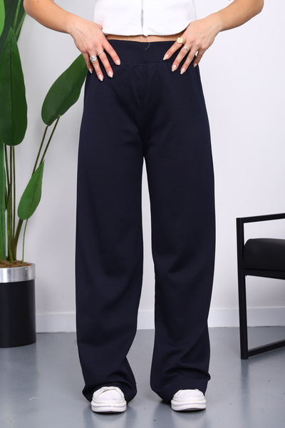 İmajButik Navy Blue High Waist Corded Fabric Wide Leg Knitwear Trousers