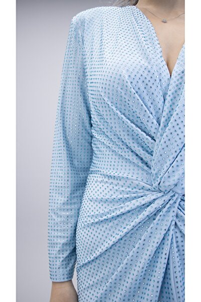 CAREZZA Starlight - Draped Jeweled Stretch Fabric Blue Evening Dress