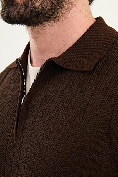 Mcr Patterned Slim Fit Polo Neck Zippered Wool Men's Knitwear Sweater Brown - 11570.25K