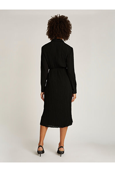 Calvin Klein Women Black Pleated Belted Long Sleeve Shirt Midi Dress