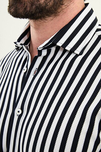 Mcr Striped Slim Fit Long Sleeve Men's Shirt Navy Blue - 27115.25K