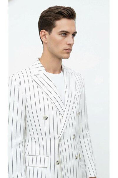 Plus Scorpion White Striped Men's Double-Breasted Blazer Jacket – Italian Cut, Modern and Elegant Chic