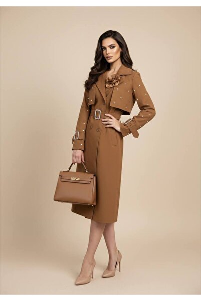 Siseniorita Women's Long Trench Coat with Decorative Stones and Statement Buckles