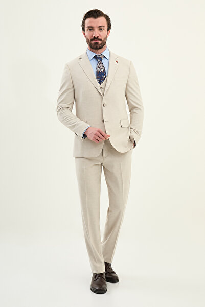 Mcr Textured Slim Fit Mono Collar Men's Suit Beige - 45432.25K