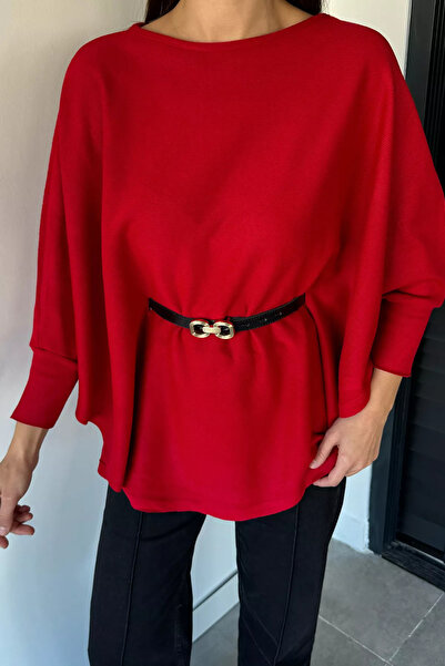 ZehraGül Kırmızı Kadın Kemerli Triko Panço