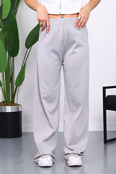İmajButik Gray High Waist Corded Fabric Wide Leg Knitwear Trousers