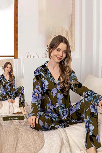 REMSA Women's Big Flower Pattern Buttoned Saphire Pajama Set 0387 Khaki