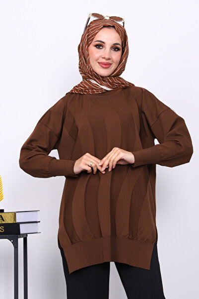 İmajButik Brown Crew Neck Cold Thread Knitwear Tunic