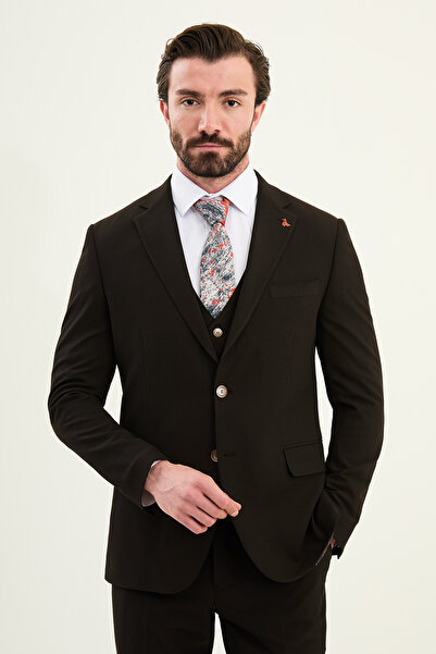 Mcr Textured Slim Fit Mono Collar Men's Suit Brown - 45432.25K