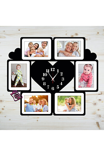 damoro Photo frame with clock and 6 photo spaces, wood, Black