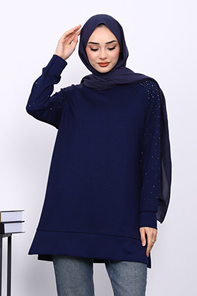 İmajButik Navy Blue Stone Detailed Modal Tunic