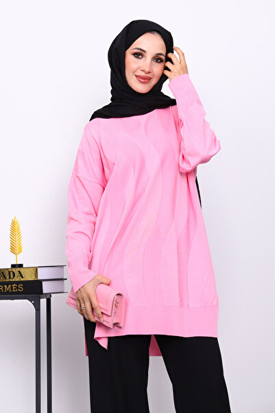 İmajButik Pink Crew Neck Cold Thread Knitwear Tunic