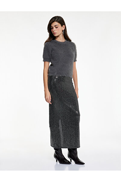 Koton Slim Fit Semi-Transparent Midi Sequin Skirt with Slit Detail