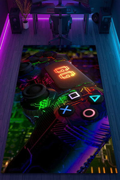HalıOnline Gamer Konsol Desenli Kaymaz Taban Makinede Yıkanabilir Gaming Oyun...