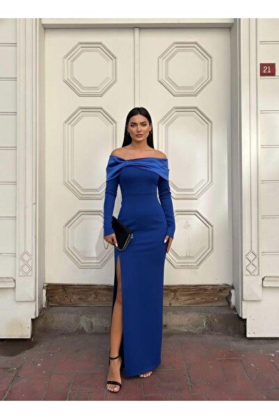 Modafeminen Flexible shiny satin neckline pleated bow detailed Slit evening dress 583363 Cobalt