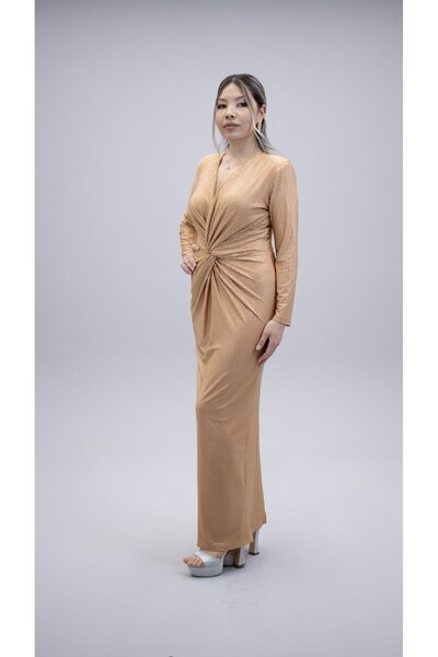 CAREZZA Starlight - Draped Stones Stretch Fabric Gold Beige Evening Dress