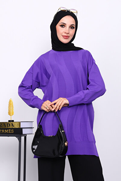 İmajButik Purple Crew Neck Cold Thread Knitwear Tunic