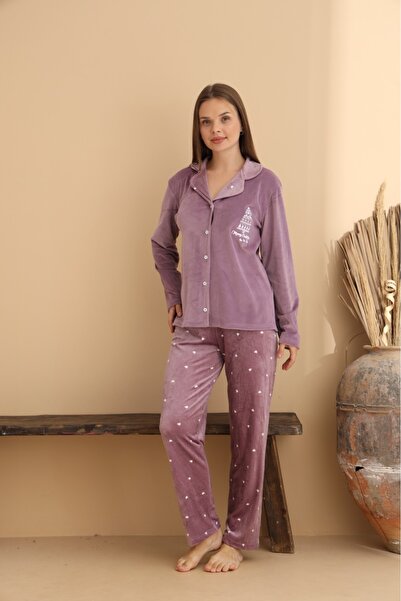 ELİTOL Velvet Frosty Tree Buttoned Women's Pajama Set