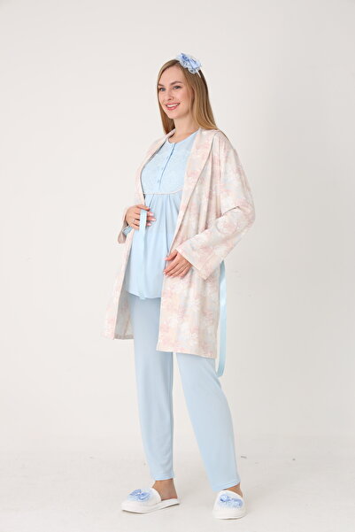 Pelin Women's Patterned Shawl Collar Special Design Winter Long Sleeve 3-Piece Maternity Pajama Set
