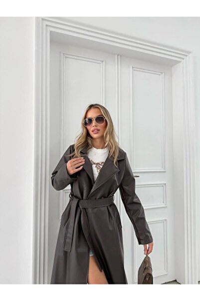 VESS MODA Women's Lined Belted Long Leather Trench Coat Bitter Brown