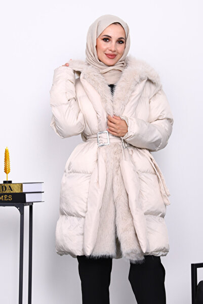 İmajButik Stone Collar Fur Belt Detailed Puffer Coat