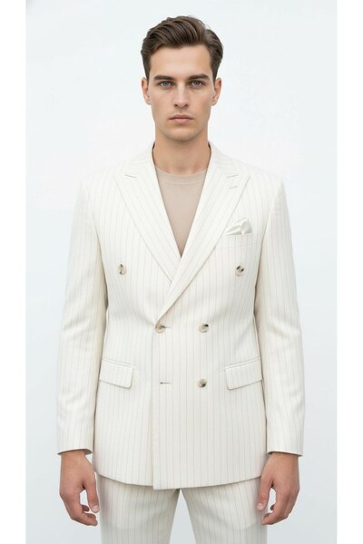 Plus Scorpion Cream Striped Men's Double-Breasted Blazer Jacket – Italian Cut, Modern and Elegant Chic