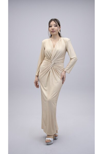 CAREZZA Starlight - Draped Stone Stretch Fabric Ecru Evening Dress