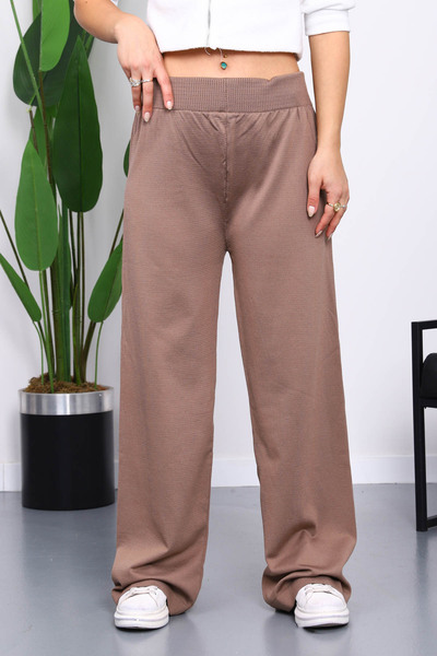 İmajButik Koyuv Mink High Waist Corded Fabric Wide Leg Knitwear Trousers