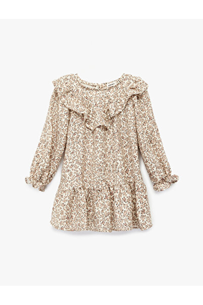 Koton Long Sleeve Crew Neck Ruffled Viscose Floral Dress