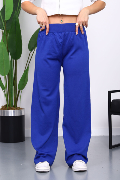 İmajButik Cobalt Blue High Waist Corded Fabric Wide Leg Knitwear Pants
