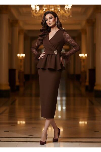 Siseniorita 2 Piece Set Lace Peplum Top and Midi Pencil Skirt - Feather Details on Sleeves