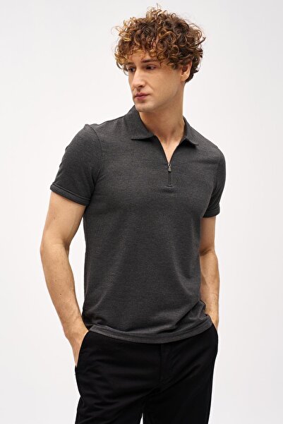 İgs Антрацитова футболка Slim Fit з короткими рукавами та коміром-поло з блискавкою