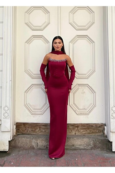 Modafeminen Scuba Stretch Fabric Stone Embroidered Scarf Detail Fish Cut Evening Dress 583340 Bordo