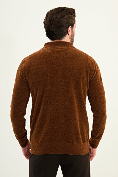 Mcr Plain Slim Fit Zipper Polo Neck Chenille Fabric Men's Knitwear Brown - 11576.25K