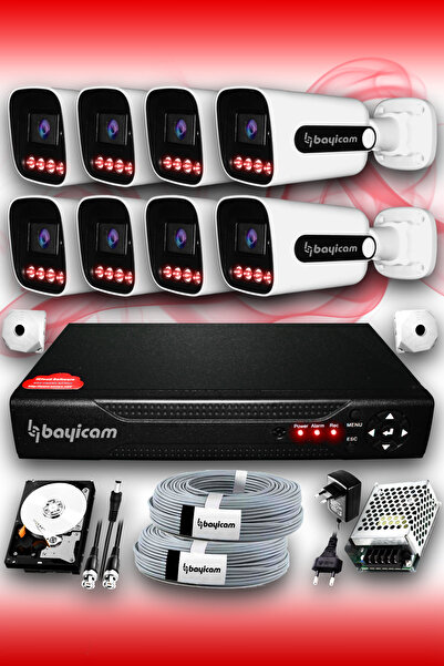 Bayicam 8 Kameralı Süper 8 Dış Kamera Set 320 GB 5 MP 2K Net Gece Görüşlü Güv...
