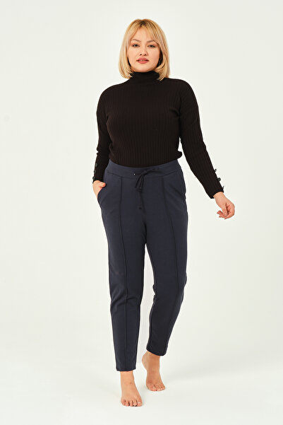 İntensive Navy Blue Three Thread Pleated Pocket Cotton Women's Plus Size Sweatpants