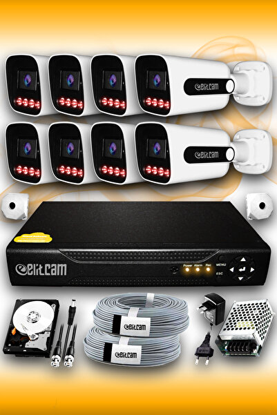Elitcam 8 Kameralı Süper 8 Dış Kamera Set 500 GB 5 MP 2K Net Gece Görüşlü Güv...
