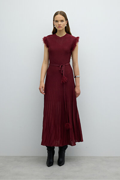 Roman Sırt Dekolteli Beli Bağlama Detaylı Triko Elbise Bordo K2672001_008