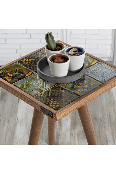 bluecape Küçük Boy Sehpa Doğal Ağaç Çerçeve ve Ayak Seramik Kahve Sehpası 32x...