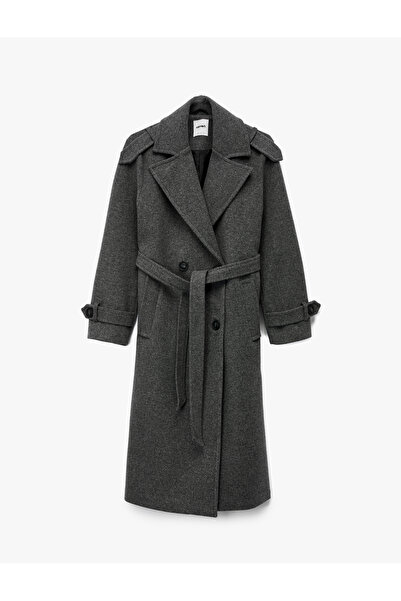 Koton Long Sleeve Double-Breasted Long Cashmere Coat with Belt and Pockets