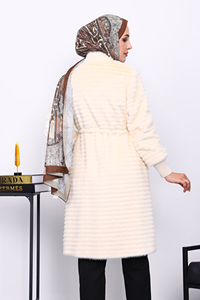 İmajButik Cream Waist Elasticated Angora Fur Coat