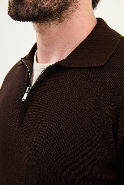 Mcr Textured Slim Fit Zipper Polo Neck Men's Knitwear Sweater Brown - 11578.25K