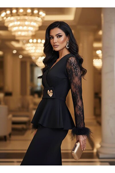 Siseniorita 2 Piece Set Lace Peplum Top and Midi Pencil Skirt - Feather Details on Sleeves