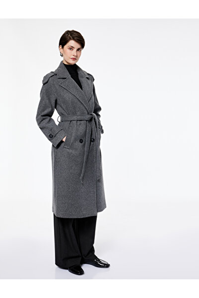 Koton Long Sleeve Double-Breasted Long Cashmere Coat with Belt and Pockets